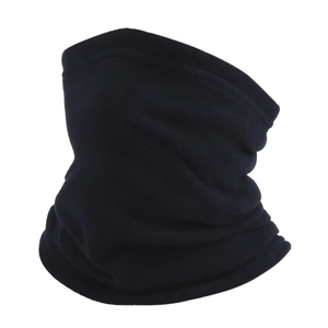 Detail of black fleece neck warmer showing stitching and soft thermal fabric texture