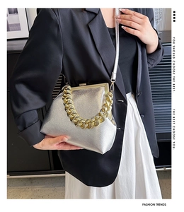Detail of silver textured PU handbag with chunky gold chain strap and metal frame closure