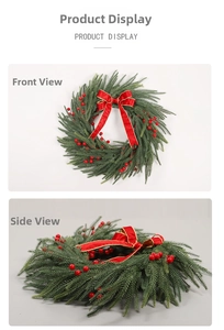 Détail de couronne de Noël en PE avec baies rouges et nœud, vues de face et de profil