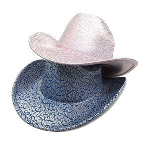 Detail of pink and blue cowboy hats featuring shiny silver geometric crackle texture
