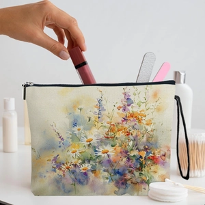 Floral Makeup Bag Cosmetic Pouch Polyester Linen Texture Watercolor Print Zipper Wristlet Travel Organizer For Women