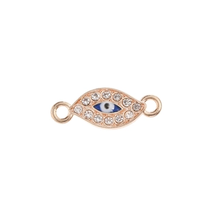 Macro detail of rose gold evil eye connector charm with blue enamel and white zircons