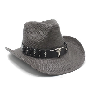 Western grey woven cowboy hat with black leather band and silver bull skull detail