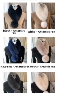 Close-up of faux fox fur neck warmer with plush pompom details in multiple colors