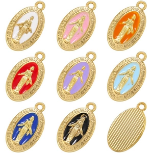 Oval Virgin Mary relief pendants in eight colors with gold-tone metal and enamel finish