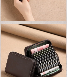 Detail of dark brown leather card holder with accordion slots and durable zipper closure