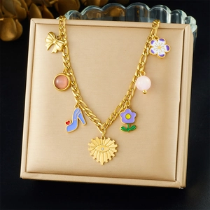Stainless Steel Charm Necklace With Colorful Flower Bow High Heel Eye Pendants Gold Plated Sweet Jewelry For Women