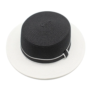 Classic two-tone boater straw hat with black crown and beige brim for summer beach sun protection
