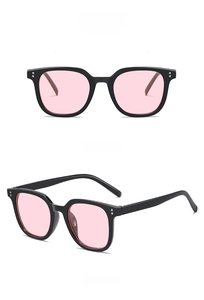 Square black frame sunglasses with pink lenses and silver rivets in front and side views