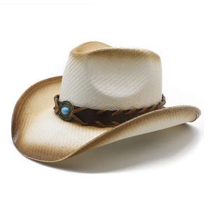 Klassischer Western Cowboy Strohhut mit breiter Krempe und Türkisstein Verzierung