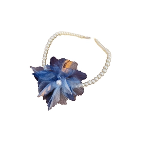 Elegant mesh flower necklace with white pearls and a blue gradient floral pendant
