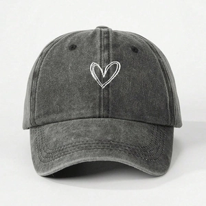 Washed dark grey cotton baseball cap with white heart embroidery for summer sun protection