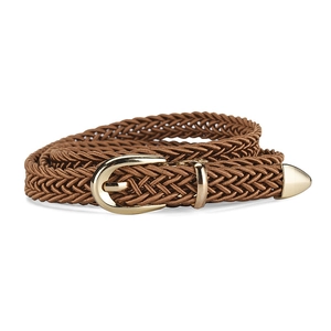 Braided skinny belt for dresses in brown with a polished gold-tone buckle