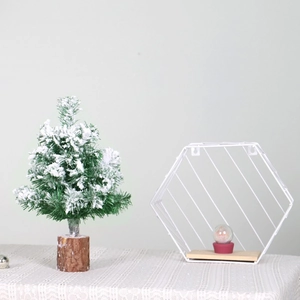 Mini frosted Christmas tree with wooden base and a white hexagonal metal wall shelf