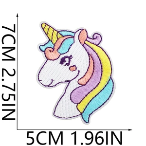 Detailed view of colorful unicorn embroidery patch measuring 7x5cm for DIY decoration