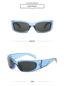 Détails de la monture bleue et des verres noirs montrant les angles face et profil des lunettes