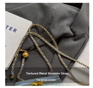 Detail of light blue tweed mini bag with gold chain strap and spherical hardware