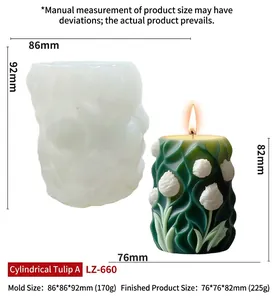 Detailed view of cylindrical tulip silicone mold and finished floral candle dimensions