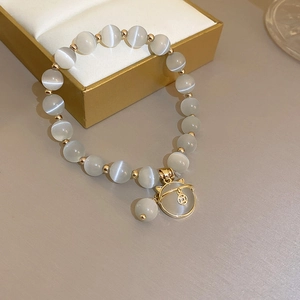New Chinese style ceramic bead bracelet with cat-shaped pendant and grey cat-eye stones