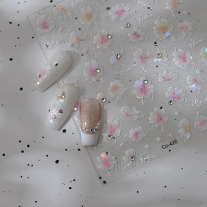 3D cherry blossom nail art stickers with white floral relief and sparkling rhinestones