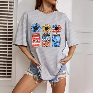 Cotton T-Shirt God Blessed America Print Patriotic Sunflowers Mason Jar Graphic Crew Neck Casual Short Sleeve Men Top
