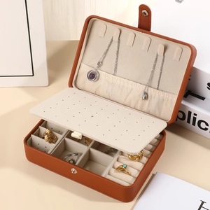 Detail of brown PU leather jewelry box featuring necklace hooks and inner ring slots