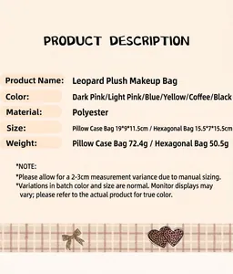 Detailed size and material specification chart for leopard print plush makeup bags