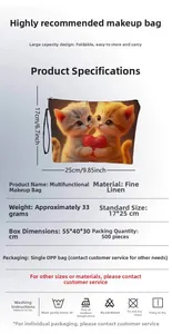 Trousse à maquillage en lin avec chat, fermeture zippée, dimensions 17x25cm et poids 33g