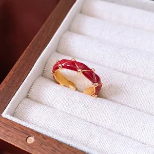 Retro Red Enamel Pleated Wave Open Ring 24K Gold Plated Copper Adjustable Finger Jewelry For Women