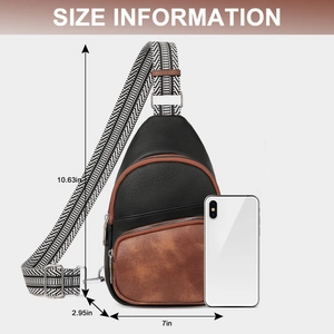 Size information for PU leather crossbody bag showing dimensions and phone comparison