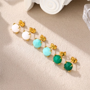 Three pairs of round natural stone stud earrings in white, blue, and green with 18k gold base