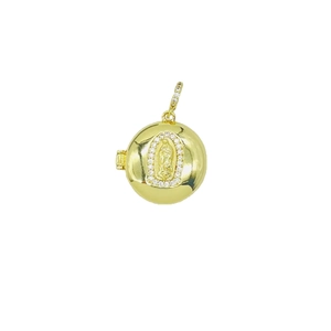 Gold round locket pendant with Virgin Mary engraving and sparkling zircon border
