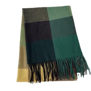 Green and yellow checkered cashmere scarf with classic plaid patterns and fringe tassels