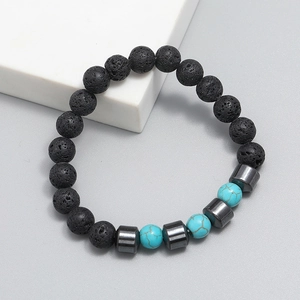 Men's retro elastic bracelet with black volcanic lava stones and blue turquoise beads