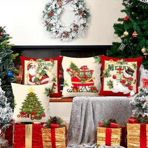 Christmas Pillow Covers Vintage Santa Snowman Sleigh Tree Printed Polyester Faux Linen Festive Holiday Sofa Decoration