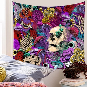 Macro detail of psychedelic tapestry featuring skull and mushroom art on bedroom wall
