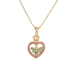 Luxury gold-plated heart and bee pendant necklace with vibrant crystal crown details
