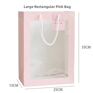 Close-up of pink gift bag with transparent window and sturdy white rope handles