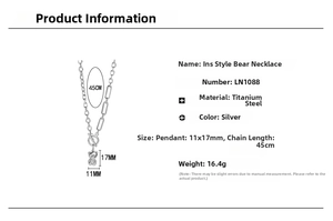 Detailed size specifications for silver bear titanium steel necklace with toggle clasp