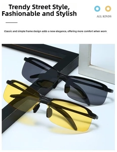 Detail showing photochromic polarized sunglasses with dark grey and yellow night vision lenses