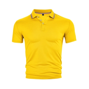 Detail of yellow Polo shirt featuring a tri-color striped collar and three-button placket