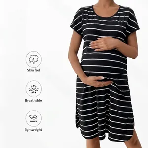 Slim-fit black and white striped maternity dress with crew neck and short sleeves