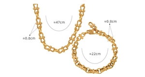 Detailed view of gold plated chain jewelry set with size dimensions for necklace and bracelet