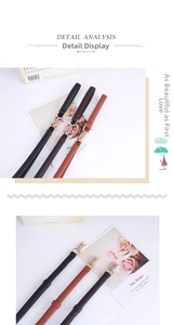 Detailed view of women's thin leather belts in black, coffee and caramel with gold buckles