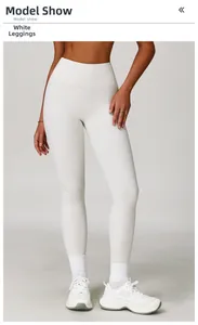 Slim fit high-waisted yoga leggings in apricot color shown on a model with white sneakers