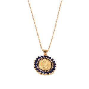 Golden Virgin Mary pendant necklace with blue zircon stones on a gold chain