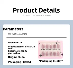 Spécifications des faux ongles rose nacré GD31 incluant 30 pièces par boîte détail