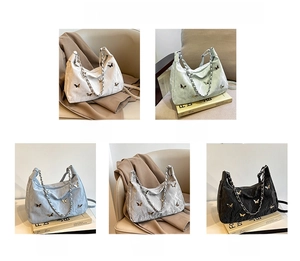 Detailed grid view showcasing five color options of the metallic butterfly tote bag
