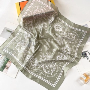 Elegant sage green paisley silk square scarf with decorative mandala pattern and white borders