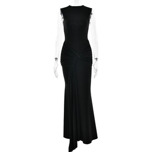 Elegant black sleeveless maxi dress with high neck, waist knot and asymmetric draped hemline